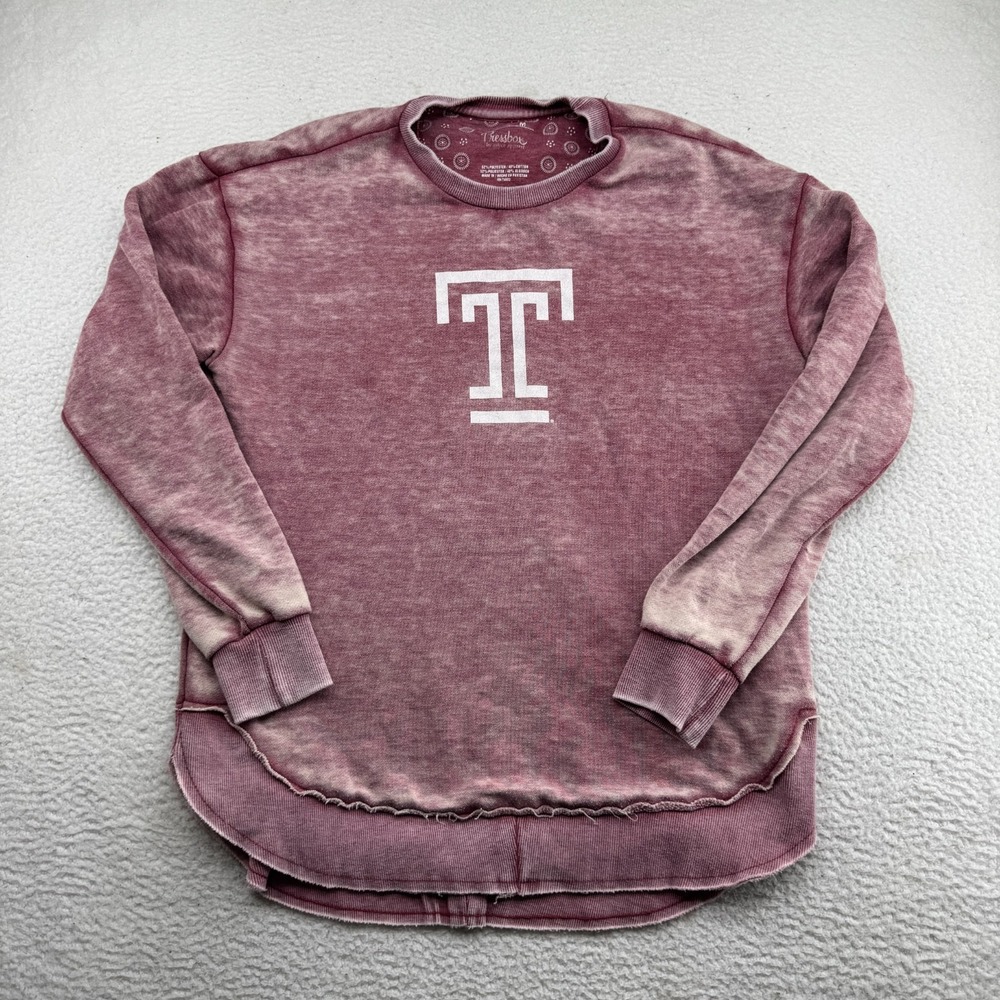 Pressbox Temple Owls Sweatshirt Womens Medium Washed Red Curved Hem Crewneck